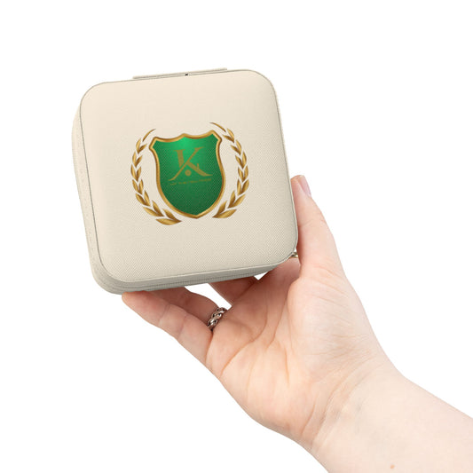 Compact Travel Jewelry Case with Green Crest Design — Portable Ring & Earring Organizer